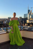 Green Strapless Puff Sleeve Long Satin Ball Gown Evening Dress HZ1023