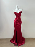 Red shiny fashion elegant long floor-length trailing satin sexy slit ball gown evening dress party dress prom dress HZ1023