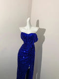 Blue Fashion Sparkling Elegant Spaghetti Straps Floor Length Sexy Slit Sequin Ball Gown Evening Gown Party Dress Prom Gown HZ1023