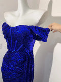 Blue Fashion Sparkling Elegant Spaghetti Straps Floor Length Sexy Slit Sequin Ball Gown Evening Gown Party Dress Prom Gown HZ1023