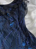 Navy Blue Gorgeous Exquisite Fashion Beaded Charming Long Tulle Elegant Ball Gown Evening Dress Party Dress HZ1023