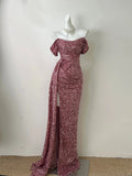 Pink Simple Fashionable Elegant Long Sequined Floor-length Sexy Slit Ball Gown Evening Gown Prom Gown HZ1023