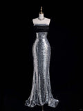 Silver sequins shiny gorgeous elegant beautiful long sequins floor-length ball gown evening dress HZ1023