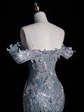 ???Silver Blue Luxurious Heavy Industry Sparkling Gorgeous Elegant Exquisite Beading Stunning Long Mermaid Dress Sequin Floor Length Trailing Prom Dress Evening Dress Wedding Dress HZ1023