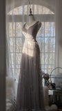 Gray Purple Romantic Fashion Elegant Exquisite Lace Floral Applique Long Tulle Fairy Ball Gown Evening Dress Birthday/Wedding Guest/Holiday Party Dress Prom Dress Valentine's Day Date Dress Bridesmaid Dress HZ1023