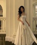 White solid color fashion elegant A-line square neck ball gown ankle length long chiffon evening gown party dress gh2737 HZ1023