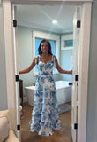 Blue floral elegant long formal evening gown sleeveless slit dress party dress HZ1023