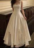 White solid color fashion elegant A-line square neck ball gown ankle length long chiffon evening gown party dress gh2737 HZ1023