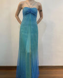 Blue shiny fashion gradient gold spray retro elegant sling long tulle prom dress evening dress party dress HZ1023