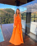 Orange suspender fashion elegant backless long chiffon ruffle ball gown evening dress wedding guest party dress HZ1023