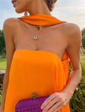 Orange Elegant Flowing A-Line Off Shoulder satin Long Ball Gown Evening Dress Wedding Guest Party Dress HZ1023