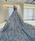 Blue shiny fashion exquisite beaded suspender long elegant tulle ball gown evening dress HZ1023
