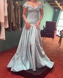 Blue elegant simple off-shoulder tulle long ball gown evening dress HZ1023