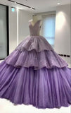 Purple Gorgeous Shiny Elegant A-line Long Tiered Ruffled Tulle Ball Gown Formal Dress Evening Dress Celebrity Dress HZ1023