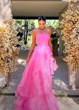 Light pink A-line off-shoulder long ruffled elegant tulle ball gown evening dress HZ1023