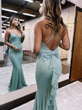 Mint Green Ruffles Bow-Back Mermaid Long Prom Dress HZ1023