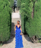 Blue v-neck low-cut hem ruffled slim long chiffon ball gown evening dress party dress HZ1023