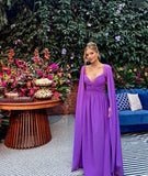 Purple Cape Sweetheart Neck Long Chiffon Evening Dress Party Dress Wedding Guest Dress HZ1023