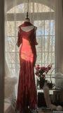Red Romantic Fashion Elegant Exquisite Lotus Gold Beaded Long Chiffon Fishtail Skirt Mermaid Slim Ball Gown Evening Dress Birthday/Wedding Guest/Holiday Party Dress Prom Dress Valentine's Day Date Dress HZ1023
