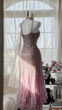 Pink Purple Elegant Romantic Exquisite Beaded Long Chiffon Ball Gown Evening Dress Birthday/Wedding Guest/Holiday Party Dress Prom Dress HZ1023