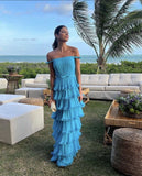 Blue Fashion Elegant Off Shoulder A-line Tiered Long Chiffon Ball Gown Evening Dress Wedding Guest Dress Party Dress HZ1023
