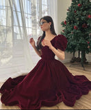 Burgundy Velvet V Neck Short Puff Sleeve Beaded A-Line Long Floor Length Ball Gown Evening Dress Christmas Party Dress HZ1023
