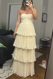 Cream Yellow/Light Pink/Green Fashion Elegant Strapless Long Chiffon Layered Ball Gown Evening Dress Wedding Bridesmaid Party Dress Prom Dress HZ1023
