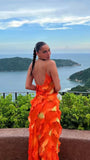 Orange Spaghetti Strap Sexy Ruffle Hem Mermaid Long Party Dress Wedding Guest Dress Ball Gown Irregular Bodycon Evening Dress HZ1023