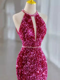 Pink Gorgeous Shiny Exquisite Beaded Halter Long Mermaid Slim Sequin Floor Length Ball Gown Evening Gown Party Dress HZ1023