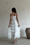 White spaghetti strap A-line long ruffled chiffon ball gown evening dress party dress HZ1023