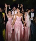 Pink retro elegant sweetheart neckline A-line spaghetti strap satin long evening dress birthday party dress bridesmaid dress HZ1023