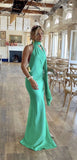 Green simple and elegant lace-up halter neck backless slit long slim satin banquet dress evening dress ball gown wedding guest dress HZ1023
