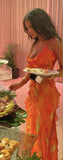 Orange Spaghetti Strap Sexy Ruffle Hem Mermaid Long Party Dress Wedding Guest Dress Ball Gown Irregular Bodycon Evening Dress HZ1023