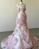 Pink Gorgeous Exquisite Floral Long Pleated Tulle Floor-Length Train Ball Gown Evening Gown Wedding Dress HZ1023
