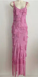 Pink Shiny Flowing Long Elegant Spaghetti Strap Chiffon Ball Gown Evening Dress Party Dress HZ1023