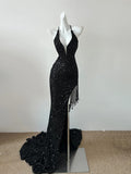 Black gorgeous V-neck shiny sexy elegant fringed mermaid slim floor-length tail long sequined ball gown evening dress party dress Prom Dress HZ1023