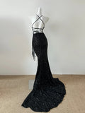 Black gorgeous V-neck shiny sexy elegant fringed mermaid slim floor-length tail long sequined ball gown evening dress party dress Prom Dress HZ1023
