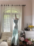 Light Blue Gorgeous Sparkling Fashion Elegant Exquisite Beaded Long Chiffon Fairy Ball Gown Evening Dress Birthday/Wedding Guest/Vacation Party Dress Prom Dress Valentine's Day Date Dress HZ1023