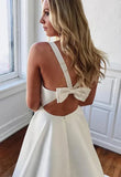 White fashion backless satin A-line long elegant trailing back bow ball gown evening dress wedding dress HZ1023