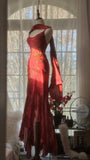 Red Romantic Fashion Elegant Exquisite Lotus Gold Beaded Long Chiffon Fishtail Skirt Mermaid Slim Ball Gown Evening Dress Birthday/Wedding Guest/Holiday Party Dress Prom Dress Valentine's Day Date Dress HZ1023