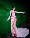 Pink Gorgeous Shiny Elegant Long Mermaid Slim Fashion Bow Slit Sexy Ball Gown Evening Dress Party Dress HZ1023