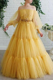 Yellow pretty fairy elegant exquisite beading A-line long sleeve long tulle ball gown evening dress HZ1023