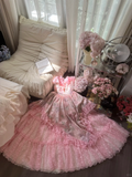 Pink sweet fashion elegant exquisite lace floral long tulle lace princess ball gown evening dress birthday dress adult ceremony dress HZ1023