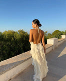White Elegant Strap Ruffled Long Chiffon Prom Evening Dress Wedding Guest Dress HZ1023