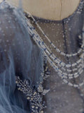 Blue gorgeous sparkling exquisite beaded long tulle ball gown evening dress with rhinestones multi-layered dress HZ1023