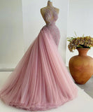 Pink Shiny Gorgeous Fantasy Long Beaded Tulle Ball Gown Evening Dress HZ1023