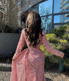 Long sleeved sequins a line prom dress shiny pink evening gown with slit HZ1023