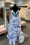 Blue Floral Print V Neck A-Line Spaghetti Straps Ruffles Tiered Slits Long Graduation Dress Evening Gown Prom Dress Wedding Guest Party Dress HZ1023