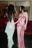Pink Gorgeous Shiny Elegant Long Mermaid Slim Fashion Bow Slit Sexy Ball Gown Evening Dress Party Dress HZ1023