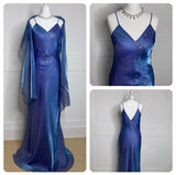Blue fashion small V-neck exquisite floral beaded spaghetti strap fairy long satin floor-length small train chiffon ball gown evening dress party dress wedding guest dress graduation dress prom dress mother of the bride dress HZ1023
